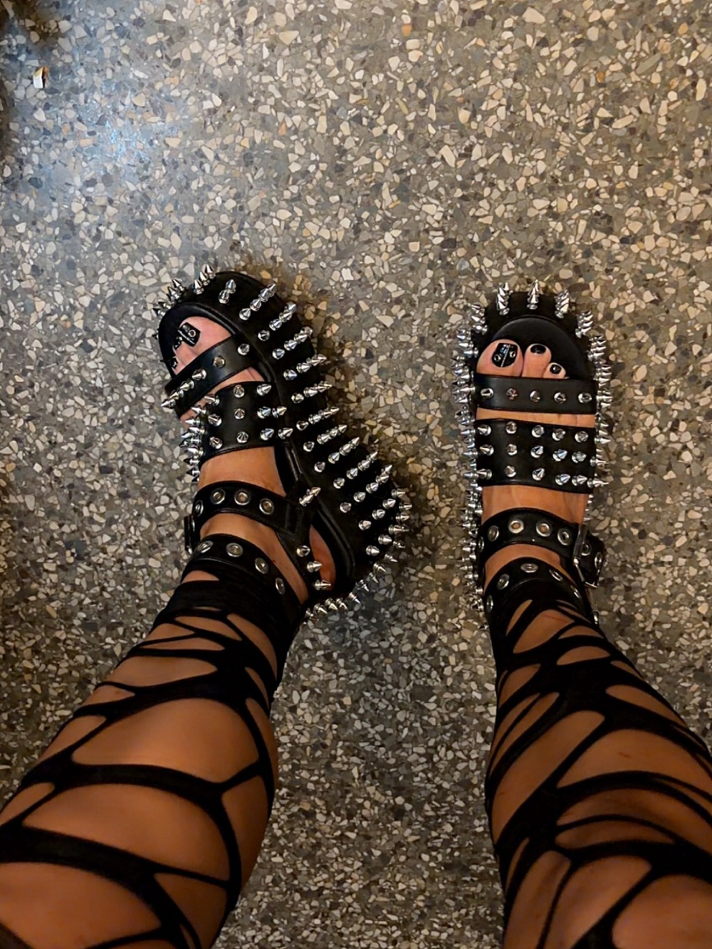 Black Spiked Platform Sandals with Silver Studs - Picture 6 of 7